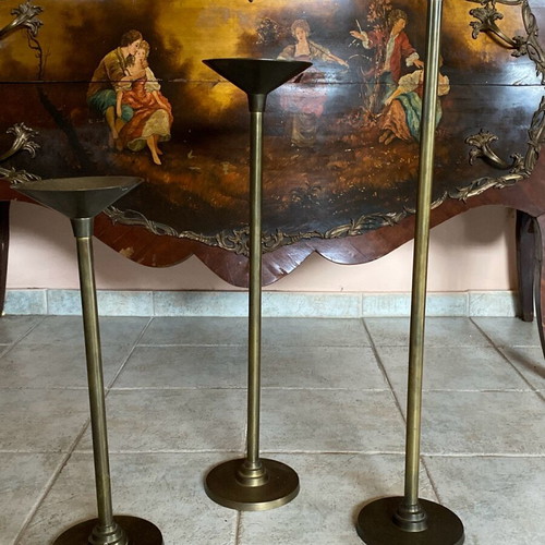 Vintage brass floor candlesticks used, set of 3 pieces