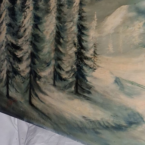 Winter painting by J. Denis used, 117x47 cm, snowy forest landscape