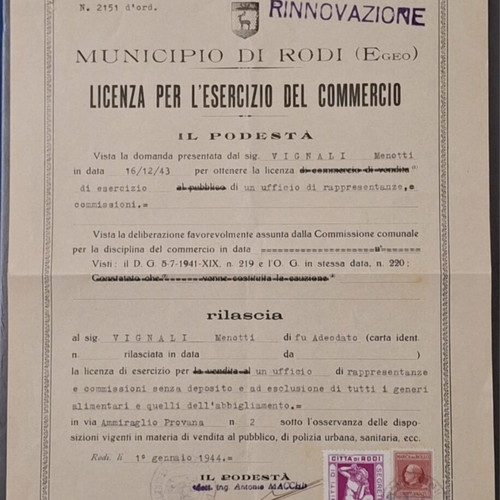 Historical document from Rhodes 1944 used, official commercial license with stamps