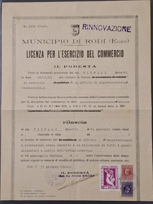 Historical document from Rhodes 1944 used, official commercial license with stamps