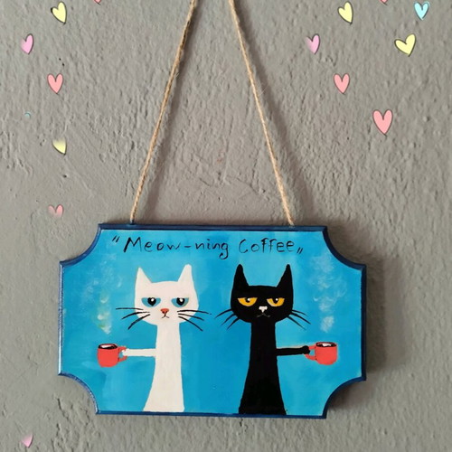 Wooden hanging frame Meow-morning painting new 13×20 cm