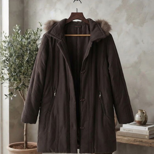 Ellen Rose winter coat with fur hood, brown, size L
