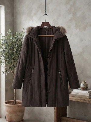 Ellen Rose winter coat with fur hood, brown, size L