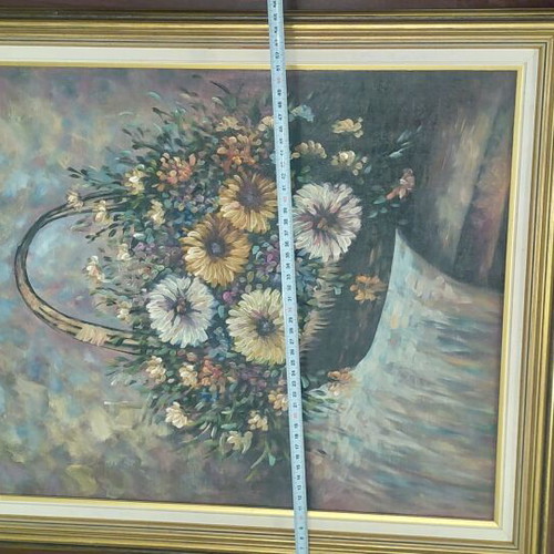 Vintage oil painting on canvas used, still life with flowers and frame