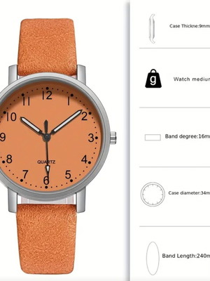 Ρολόι χειρός γυναικείο καινούργιο, πορτοκαλί με δερμάτινο λουράκι PU