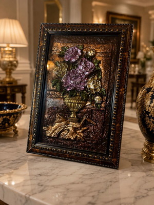 Vintage ανάγλυφο floral wall art 3D με μωβ παιώνιες σε χρυσή κορνίζα σαν καινούργιο