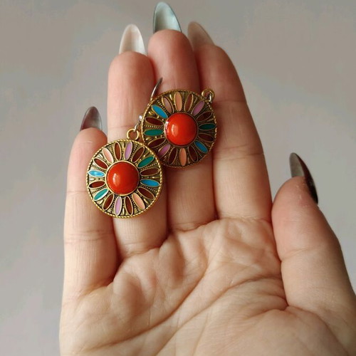 Copper earrings gold plated with colorful details and steel clasp new