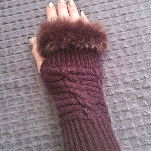 Women's half gloves brown with fur new