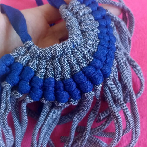 Macrame fabric necklace like new, blue and denim with fringes
