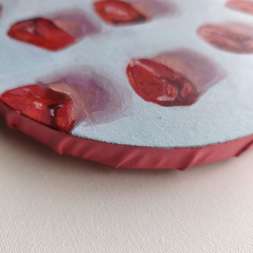 Handmade circular painted canvas like new with pomegranate seeds