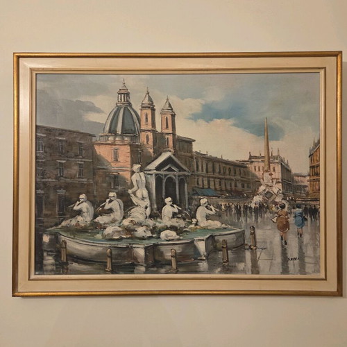 Hand-painted Piazza Navona painting like new with frame