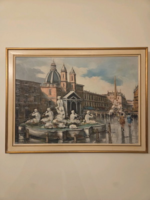 Hand-painted Piazza Navona painting like new with frame