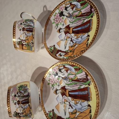 Vintage Porcelain Cups Japan Lithophane Geisha Set of 2 like new