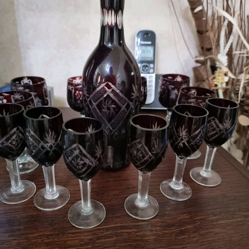 Set of ruby cut crystal decanter and glasses vintage, new