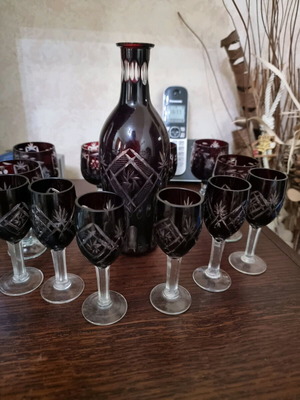 Set of ruby cut crystal decanter and glasses vintage, new