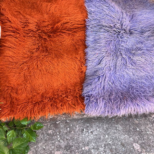Traditional handmade wool flokati rugs orange and purple, 130x75 cm