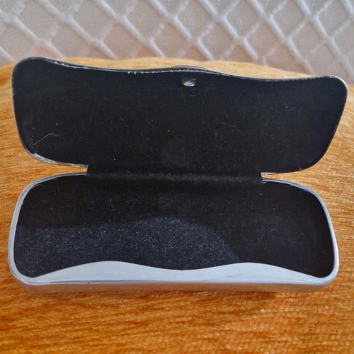 Vintage metal glasses case with embossed floral design, silver, used