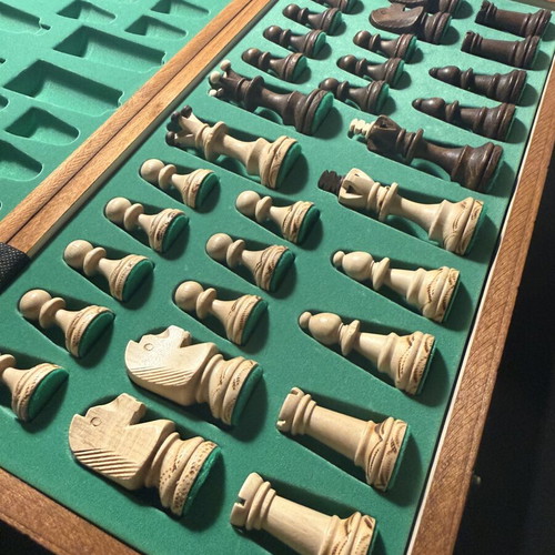 Handmade wooden chess set like new with folding board