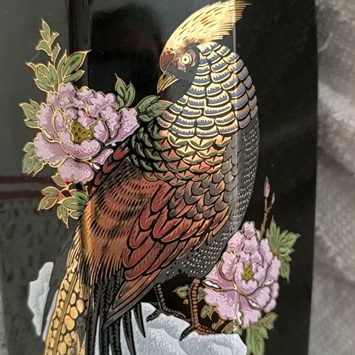 Vintage ceramic vase with pheasant and peony paintings like new