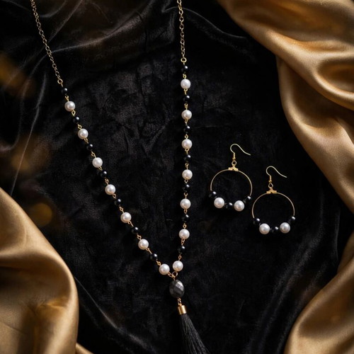 Handmade black and white beaded tassel necklace and earings