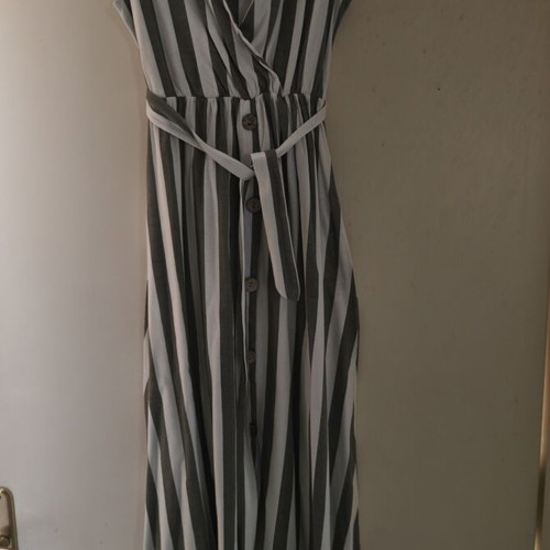 Midi striped dress with wrap neckline, like new, white and gray