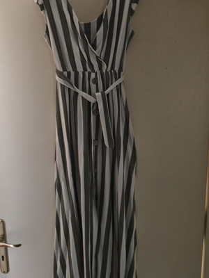 Midi striped dress with wrap neckline, like new, white and gray