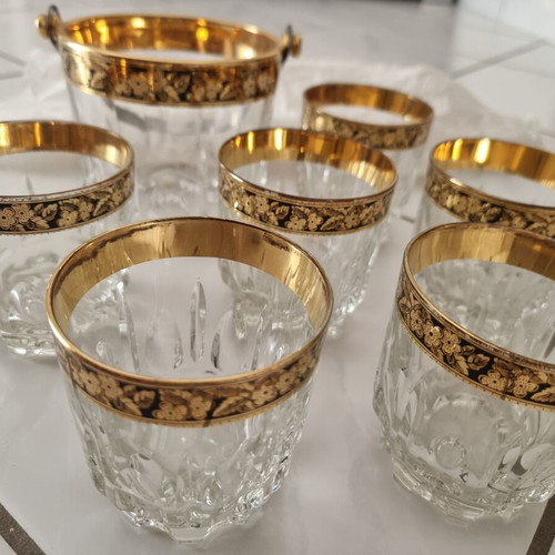 Set of 6 whiskey glasses and 1 ice bucket with handmade gold rim like new