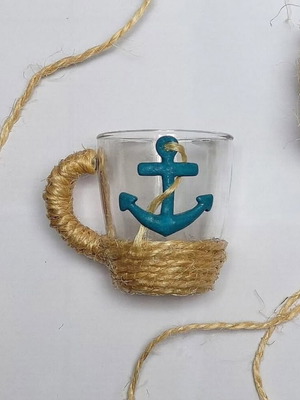 Summer glass mug like new with anchor and ship's leather, 200ml