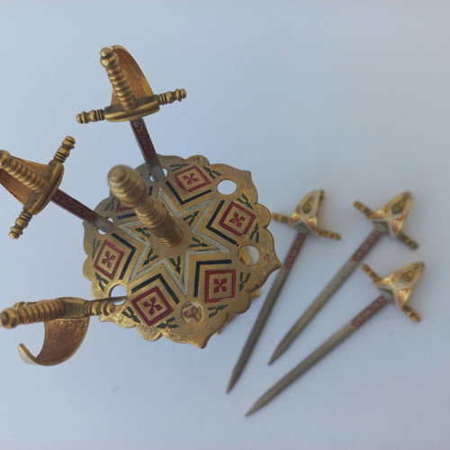 Vintage brass sword cocktail toothpick set like new