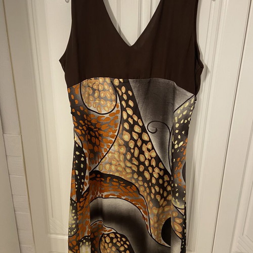 Classic printed dress used, beige and brown, side zipper, XL