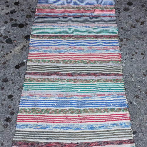 Handmade woven rag rug used, colorful stripes, 2.50m x 0.67m