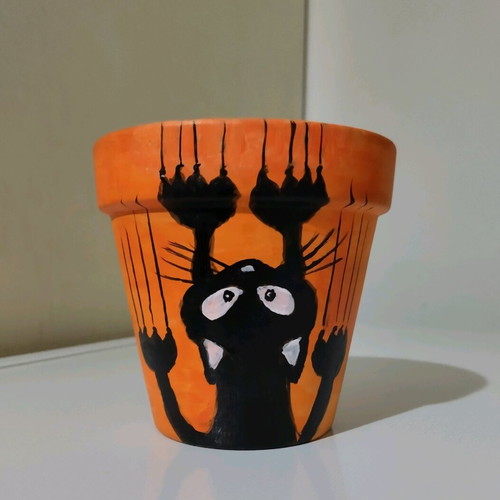 Clay pot with painted cat new, handmade