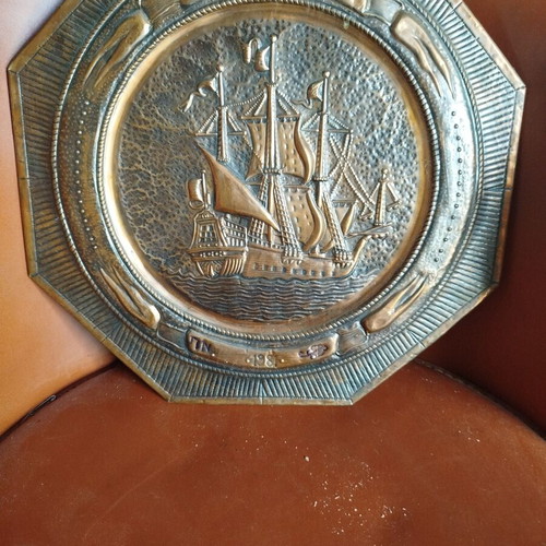 Chalcography octagonal copper plaque used, historic 18th century galley ship