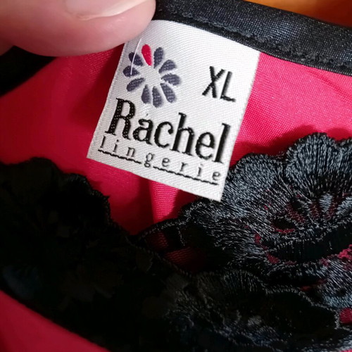 Satin robe and nightgown set with black lace, like new, red by Rachel