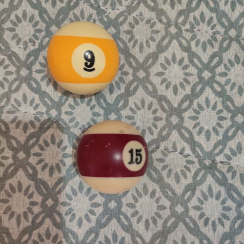 Set of 6 authentic billiard balls (No 2, 9, 12 x2, 14, 15)