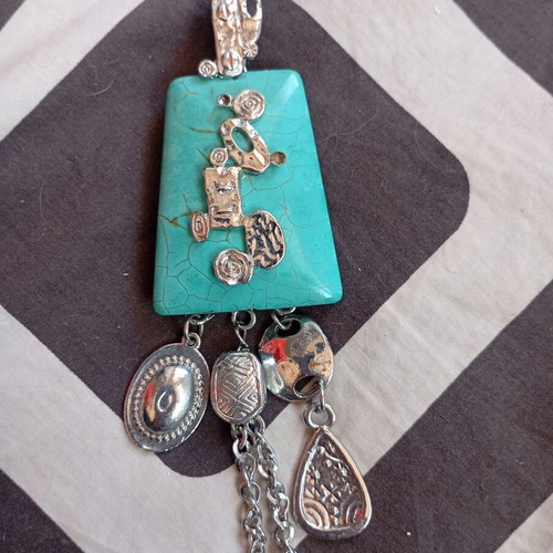 Statement Boho Pendant with Turquoise Stone and Ethnic Charms like new