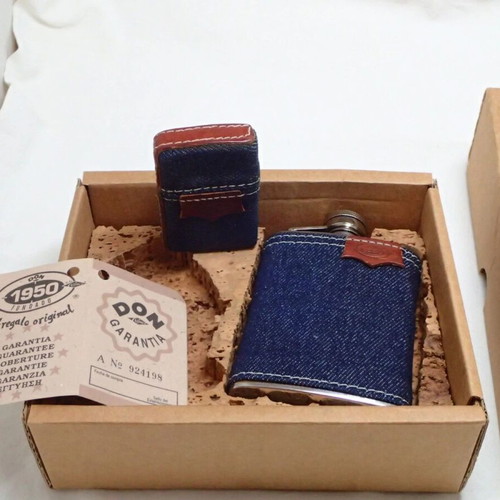 Don Ramos 1950 Founded Lighter and Hip Flask with Denim Wrap and Case new