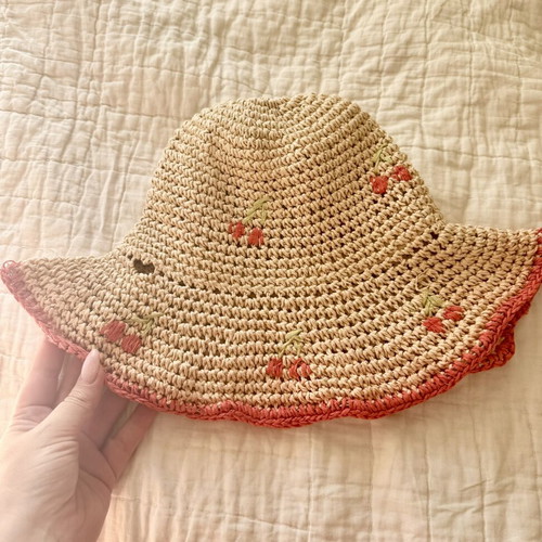 Zara Straw Bucket Hat with Embroidered Cherries used, boho style