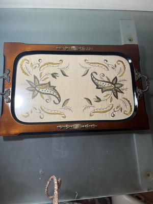Vintage embroidery tray with gold thread hand-stitched over 50 years old