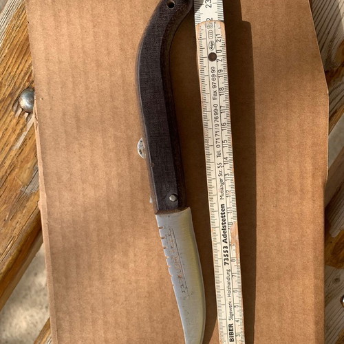 Large handmade folding knife with engraved name used