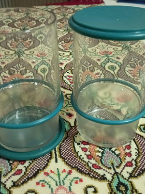 Tupperware green water glasses like new, 2 pieces with coasters
