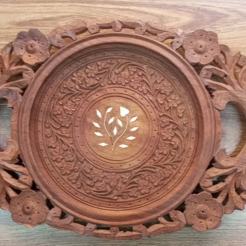 Vintage carved wooden tray like new with floral details