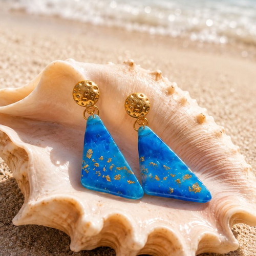 Handmade Aegean Blue Earrings with Liquid Glass and Gold Leaf