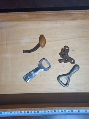 Set of 5 used household items with pipe, openers and wooden tray