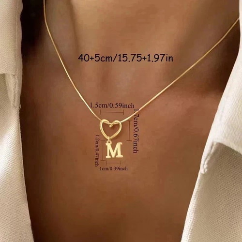 18K Gold Initial M Heart Necklace Stainless Steel New