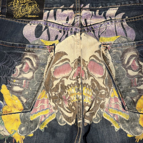 Christian Audigier Day of the Dead baggy jeans XL like new, black