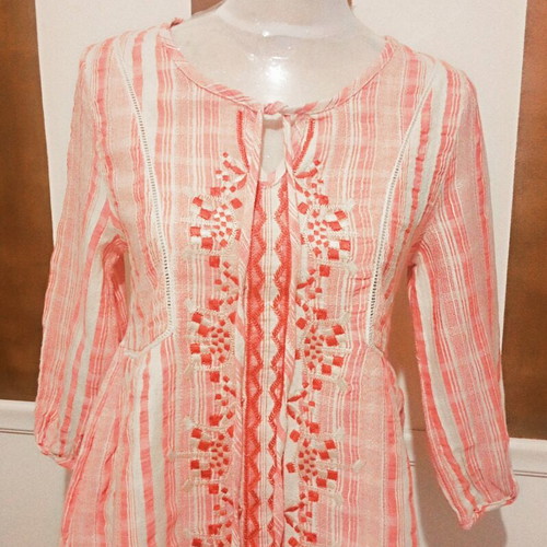 Boho summer chic embroidered tassel peasant blouse coral red white used, size S