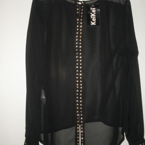 KeiKei women's black chiffon shirt with metallic studs, S/M