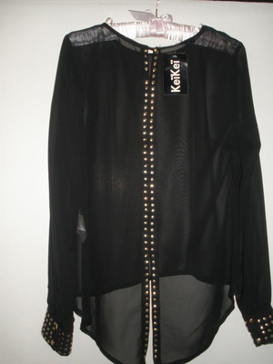 KeiKei women's black chiffon shirt with metallic studs, S/M