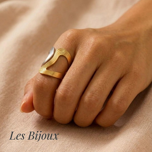 Two-Tone Stainless Steel Ring Gold Silver One Size Adjustable